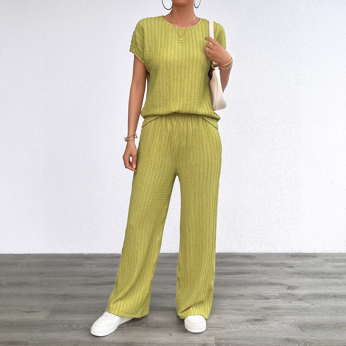Women's Chiffon Pleated Two-Piece Set – Ribbed Casual Loungewear