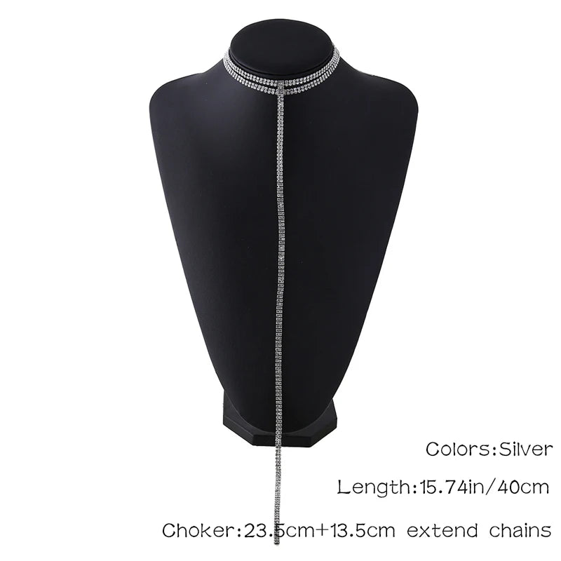 Rhinestone Double Choker Necklace – Lariat Chain Pendant Jewellery