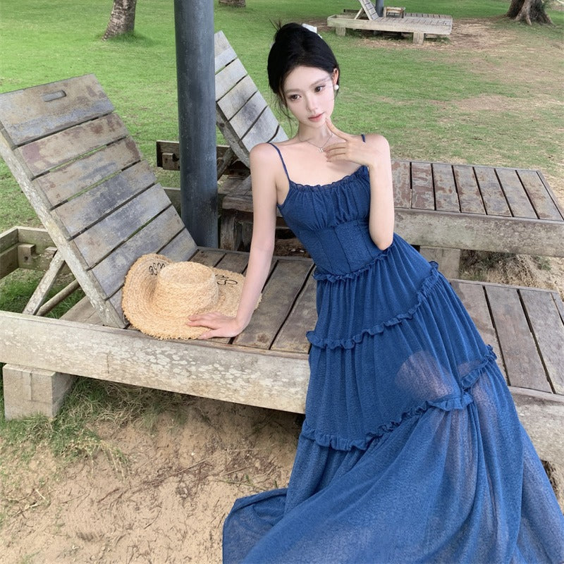 Dress with Nice Blue Color Enhances Skin Tone, Pleated Lace Hem Heavy Workmanship Strapless Long Dress