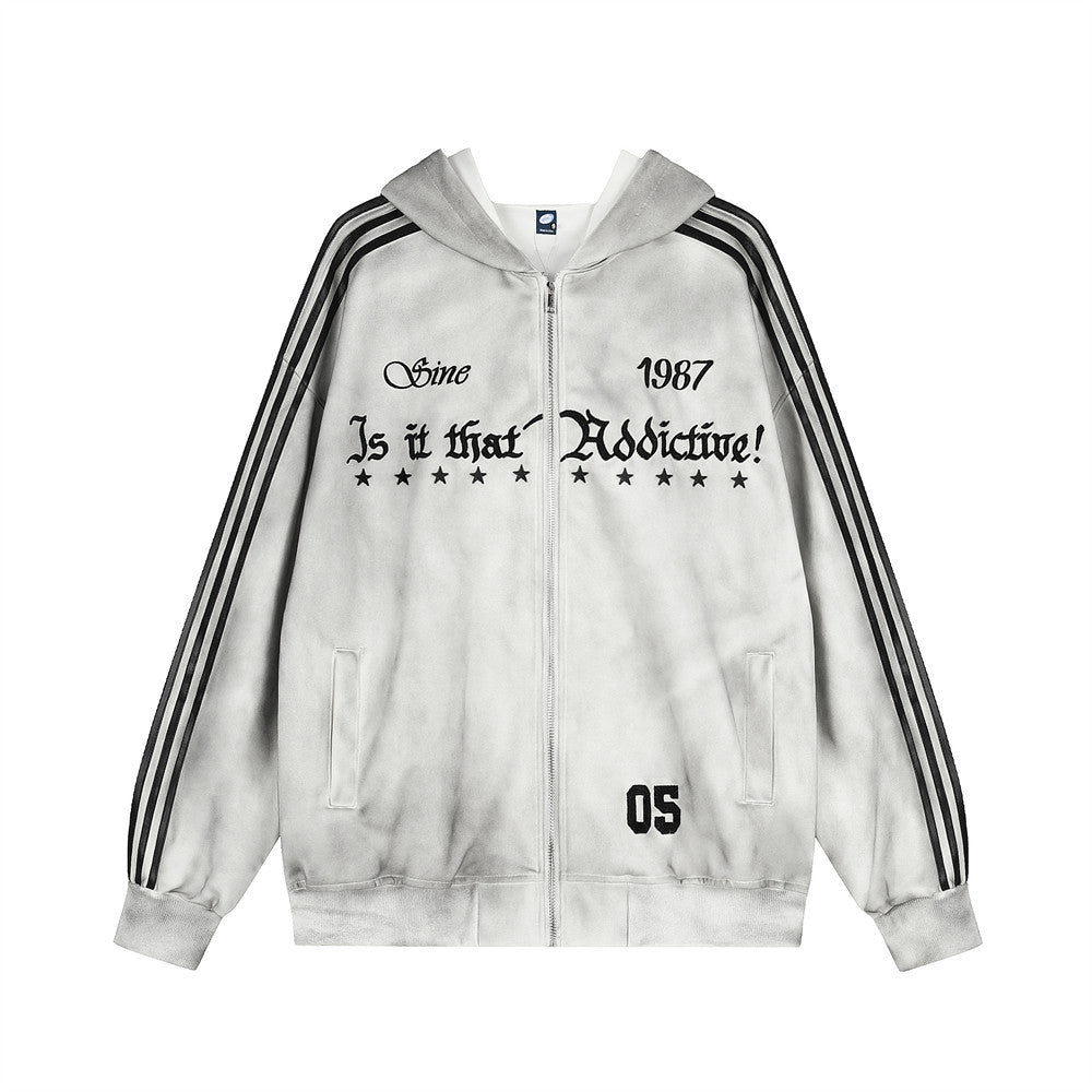Men's Distressed Vintage Letter Embroidery Three-Strip Webbing Long Sleeve Zip-Up Hooded Streetwear Jacket
