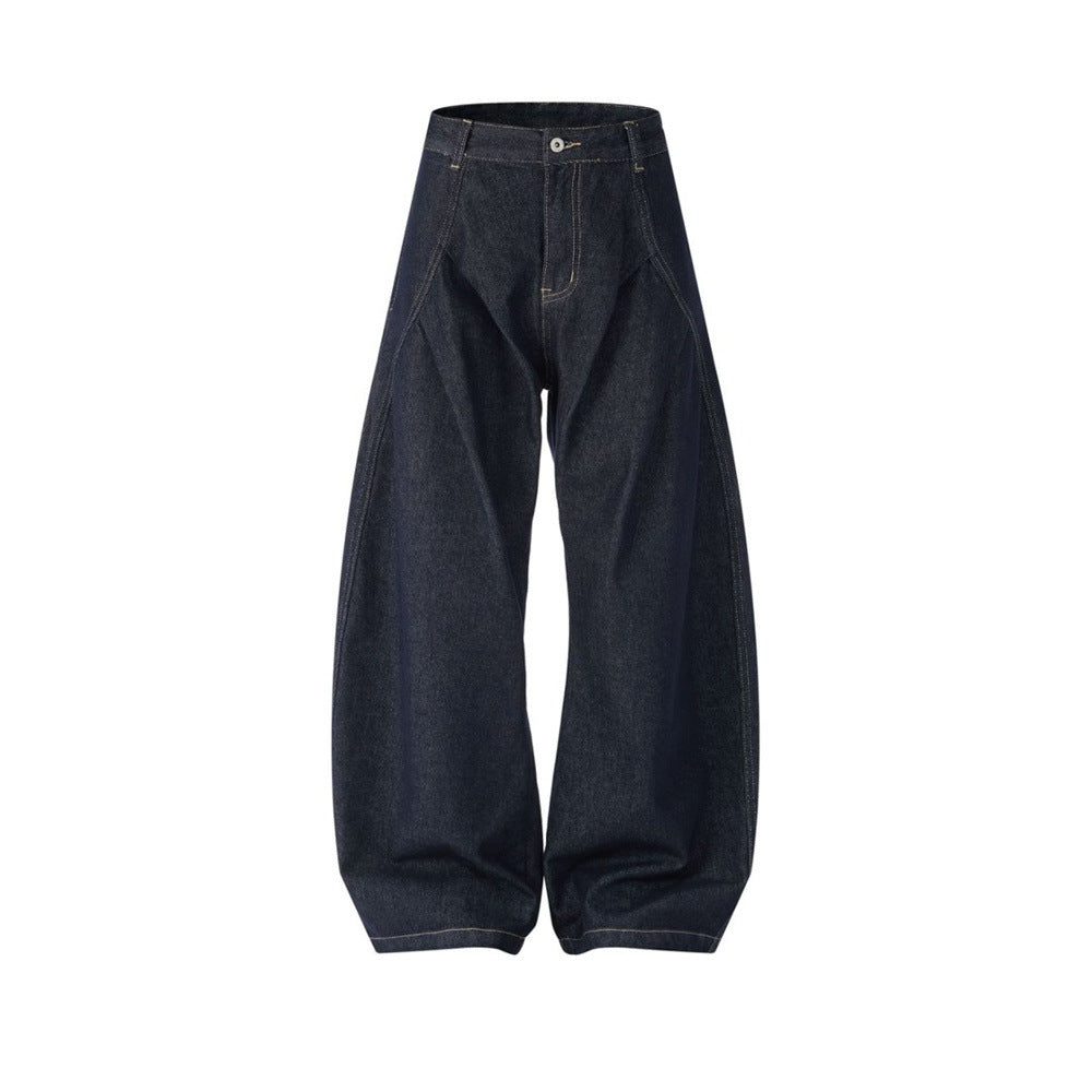 Men's High Street Wide Leg Raw Denim Jeans Solid Color Loose Fit Pleated Trousers with Pockets