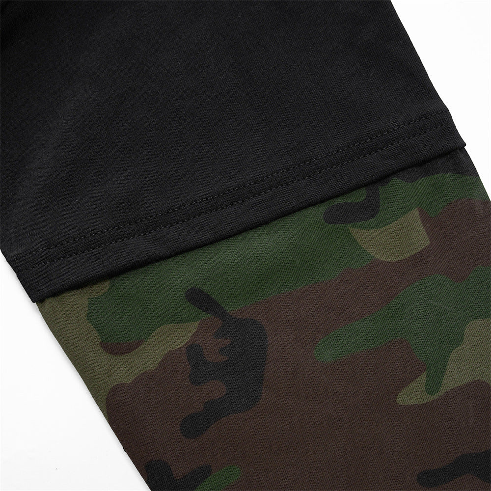 Men's Casual Loose Long Sleeve Camouflage Splicing T-Shirt