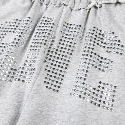 Sweatpants Women Rhinestone Letter Embellished Raw Hem Waistband Loose Drapey Long Pants
