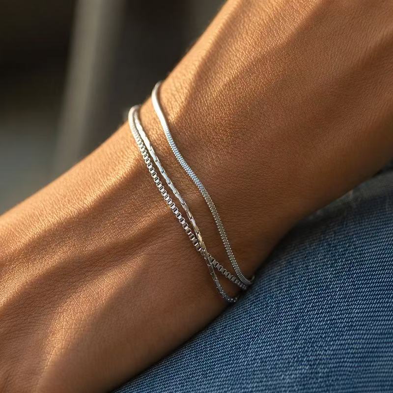 Stainless Steel Silver 3 Piece Set Bracelet Snake Chain Cube Link Jewelry for Men Women