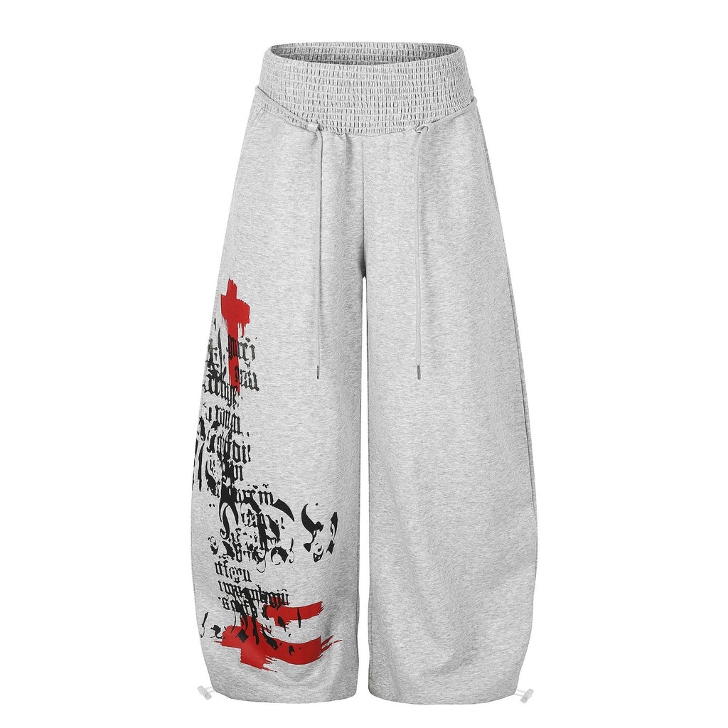 Print Wide-Leg Sweatpants, High Waist Drawstring Cuffable Unisex Long Pants