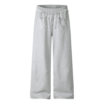 Sweatpants Women Rhinestone Letter Embellished Raw Hem Waistband Loose Drapey Long Pants