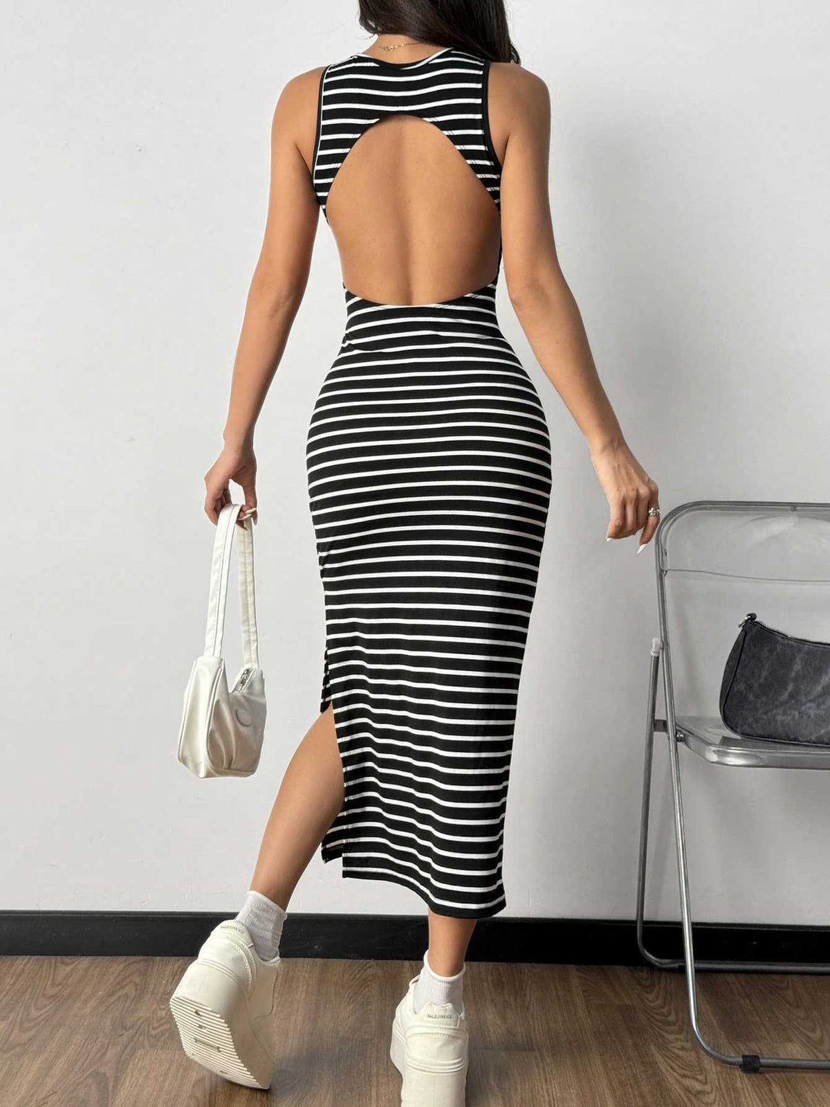 Women's Striped Ribbed Maxi Dress – Knit Side Slit Vacation Dress