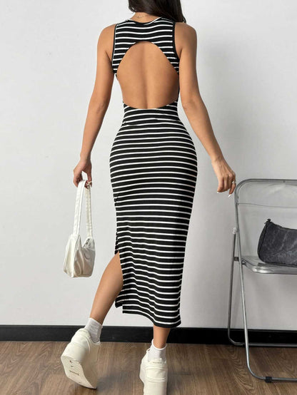 Women's Striped Ribbed Maxi Dress – Knit Side Slit Vacation Dress
