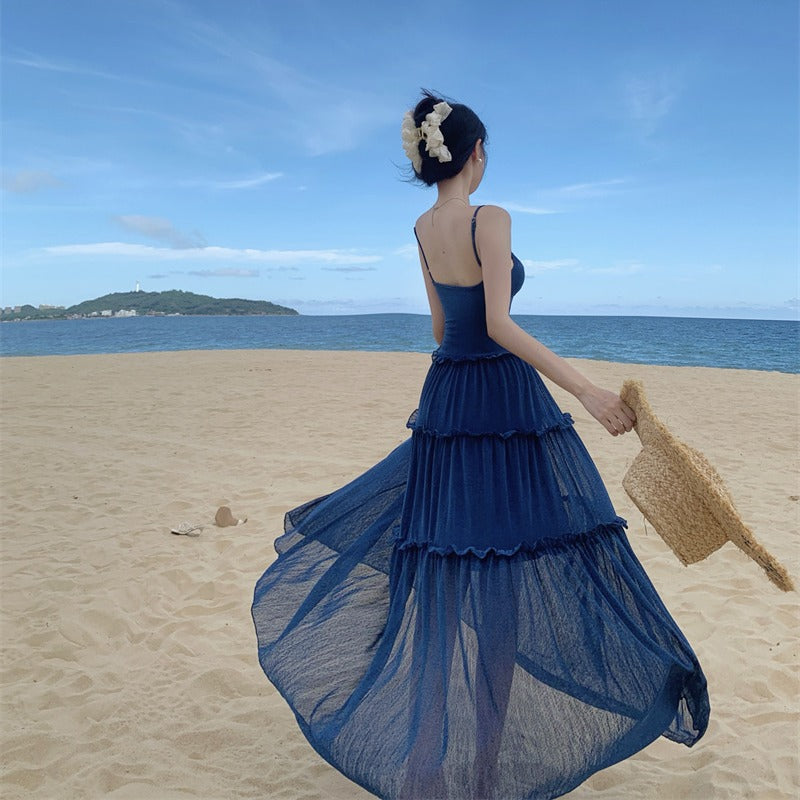 Dress with Nice Blue Color Enhances Skin Tone, Pleated Lace Hem Heavy Workmanship Strapless Long Dress