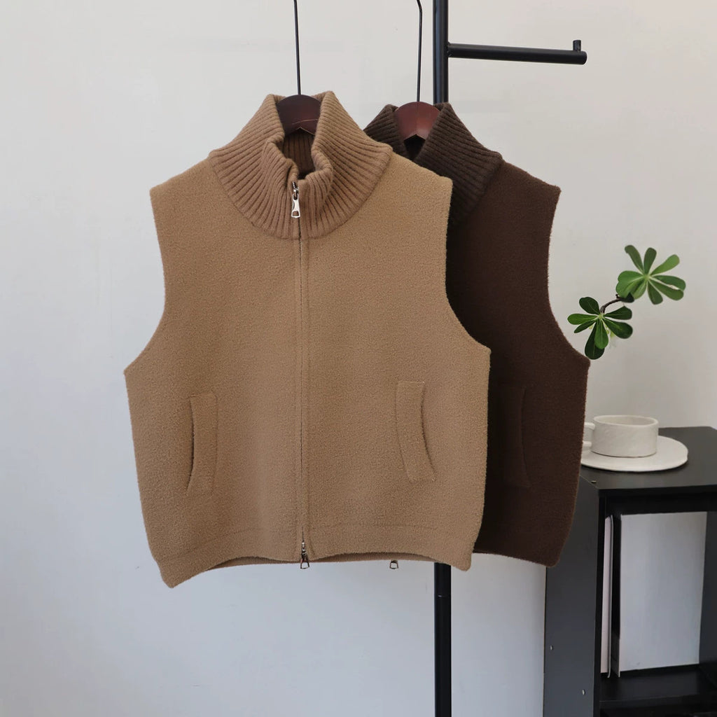 Stand up collar double zipper solid color vest