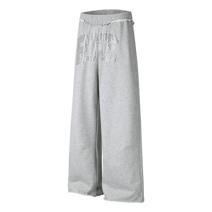 Sweatpants Women Rhinestone Letter Embellished Raw Hem Waistband Loose Drapey Long Pants