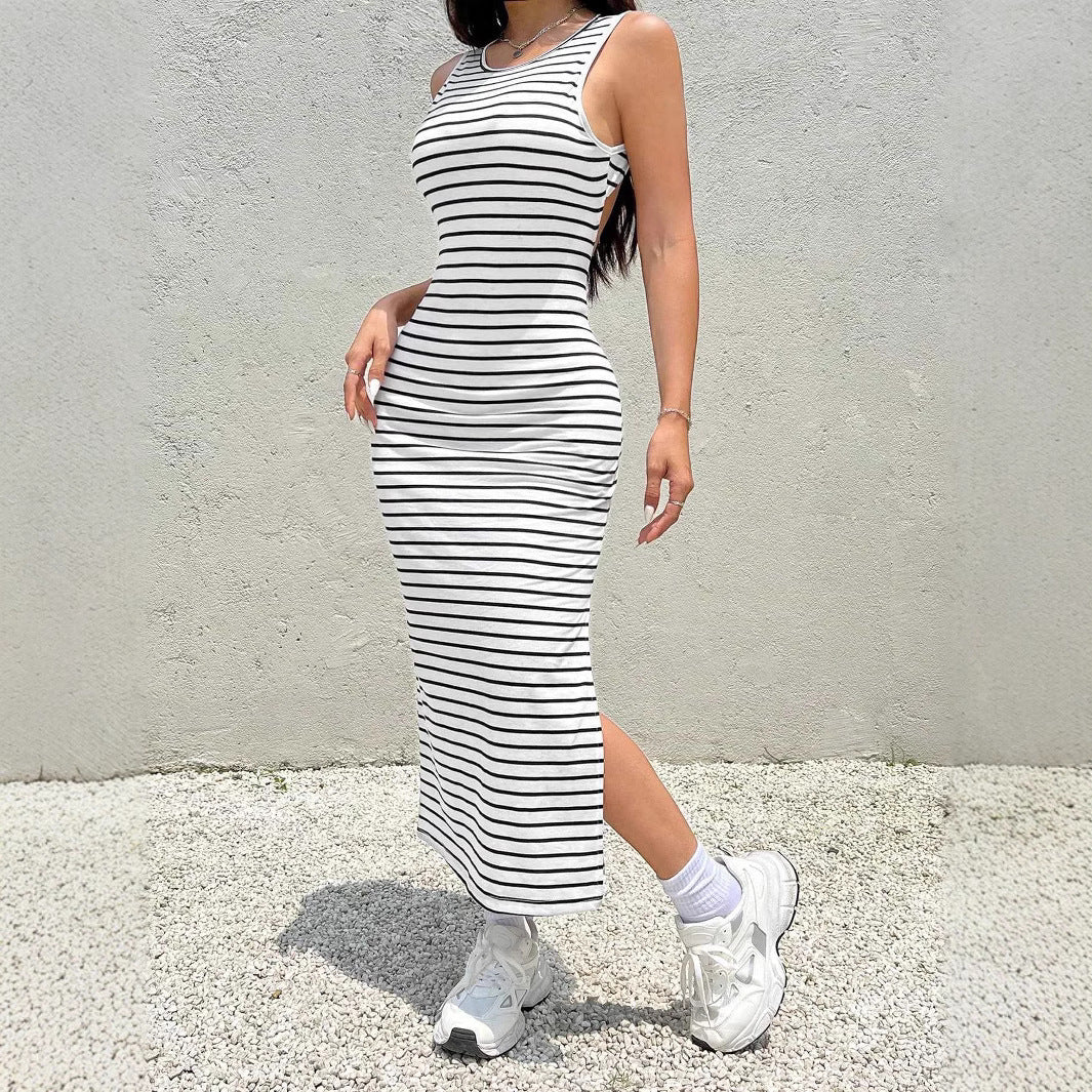 Women's Striped Ribbed Maxi Dress – Knit Side Slit Vacation Dress