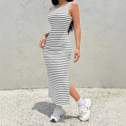 Women's Striped Ribbed Maxi Dress – Knit Side Slit Vacation Dress