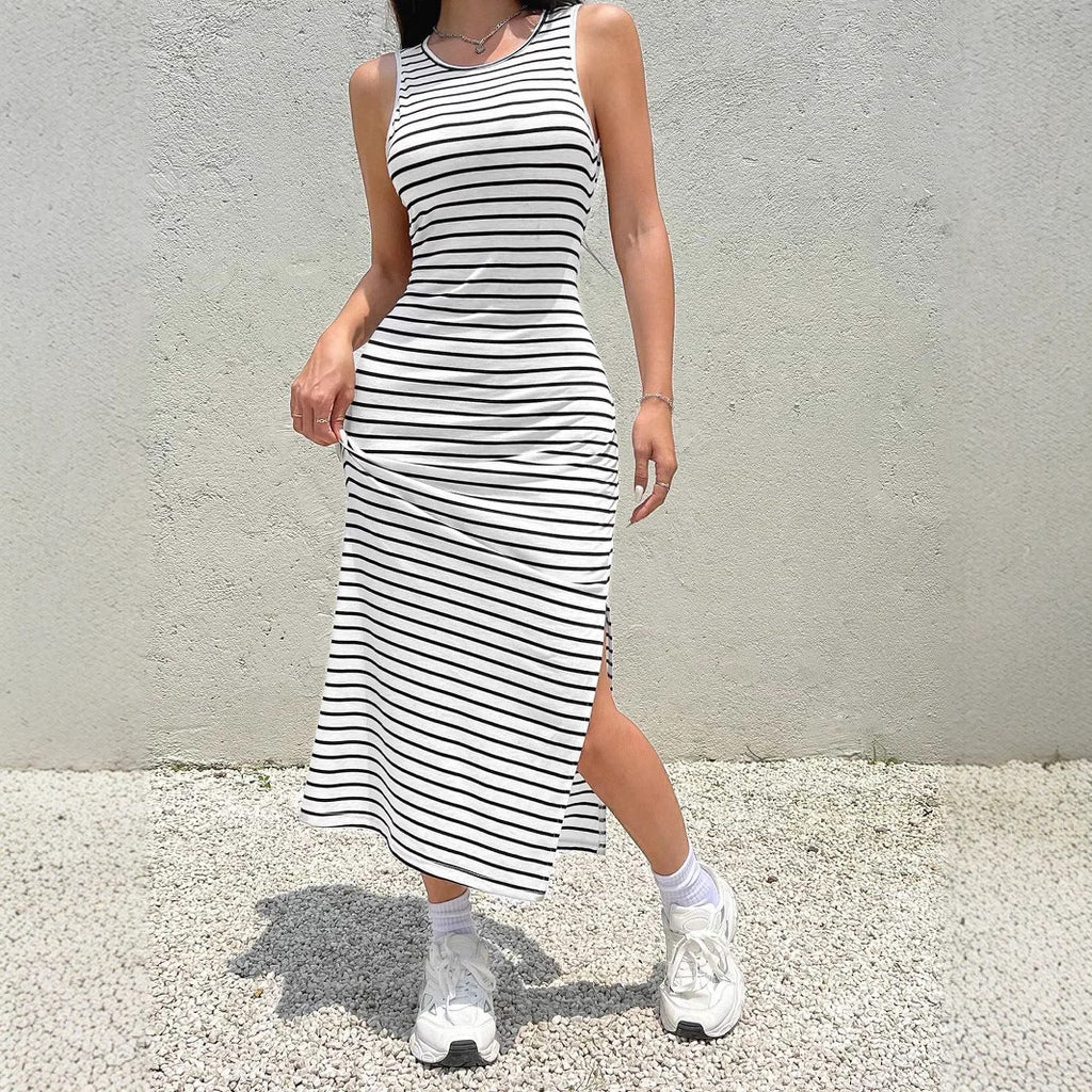Women's Striped Ribbed Maxi Dress – Knit Side Slit Vacation Dress