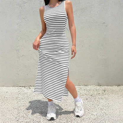 Women's Striped Ribbed Maxi Dress – Knit Side Slit Vacation Dress