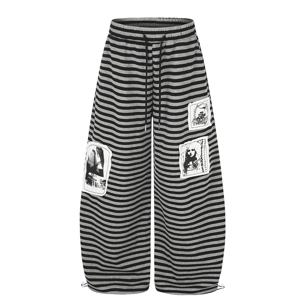 Men's Streetwear Stripe Wide-Leg Parachute Pants Casual Dark Portrait Patch Spliced Loose Trousers