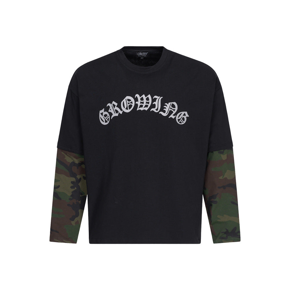 Men's Casual Loose Long Sleeve Camouflage Splicing T-Shirt
