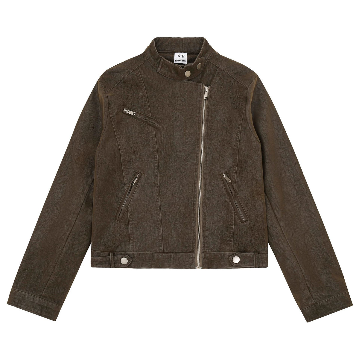Distressed Texture Leather Jacket Diagonal Zipper Stand Collar Cropped Moto Jacket