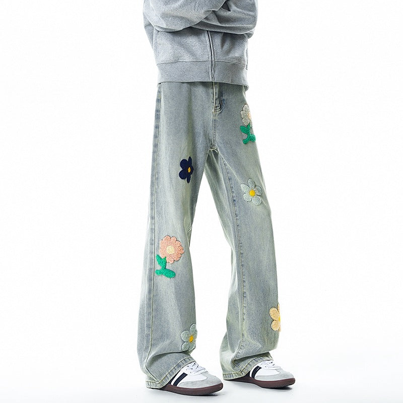 Floral Embroidered Denim Pants for Men