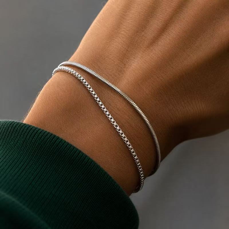 Stainless Steel Silver 3 Piece Set Bracelet Snake Chain Cube Link Jewelry for Men Women