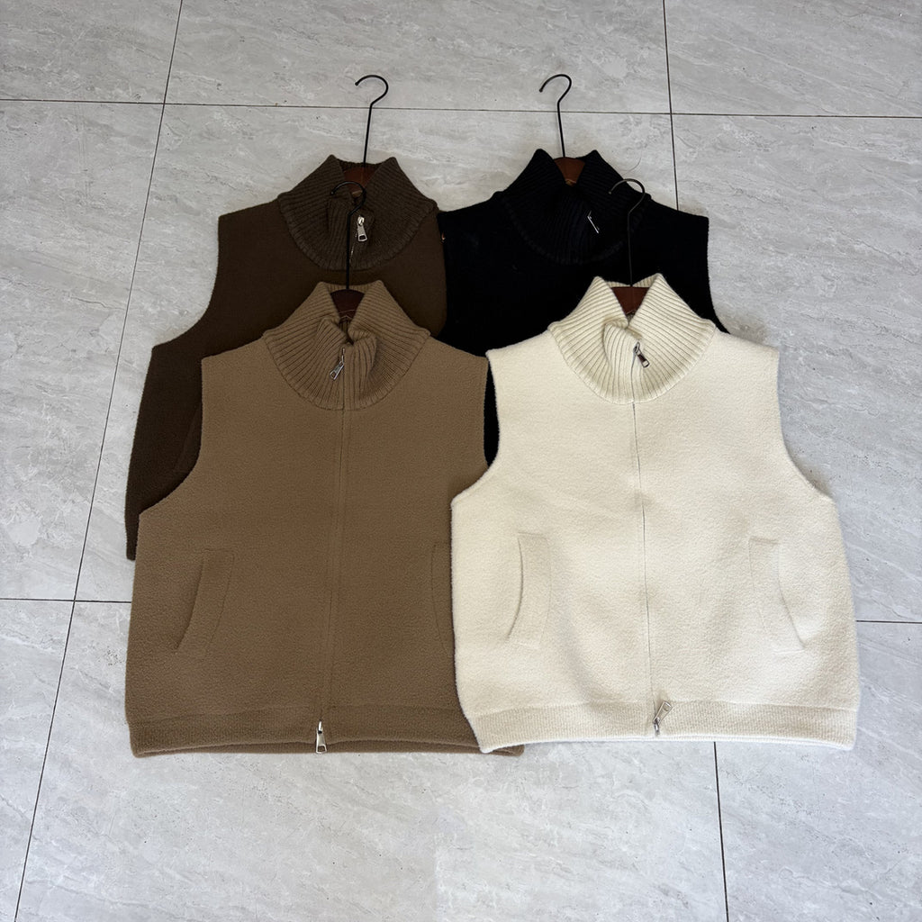 Stand up collar double zipper solid color vest