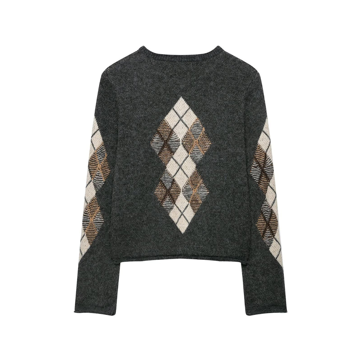 Diamond patterned decorative long sleeved round neck knitted sweater for women
