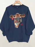 Cow and Love Printed Round Neck Velvet Hoodie