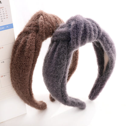Autumn And Winter Woolen Mink Hair Hoop Knot Headband Hair Clip Girl Street Hair Ornament R86