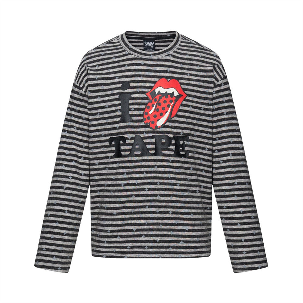 Men's Hip Hop Casual Striped Novelty Print Long Sleeve Crew Neck T-Shirt