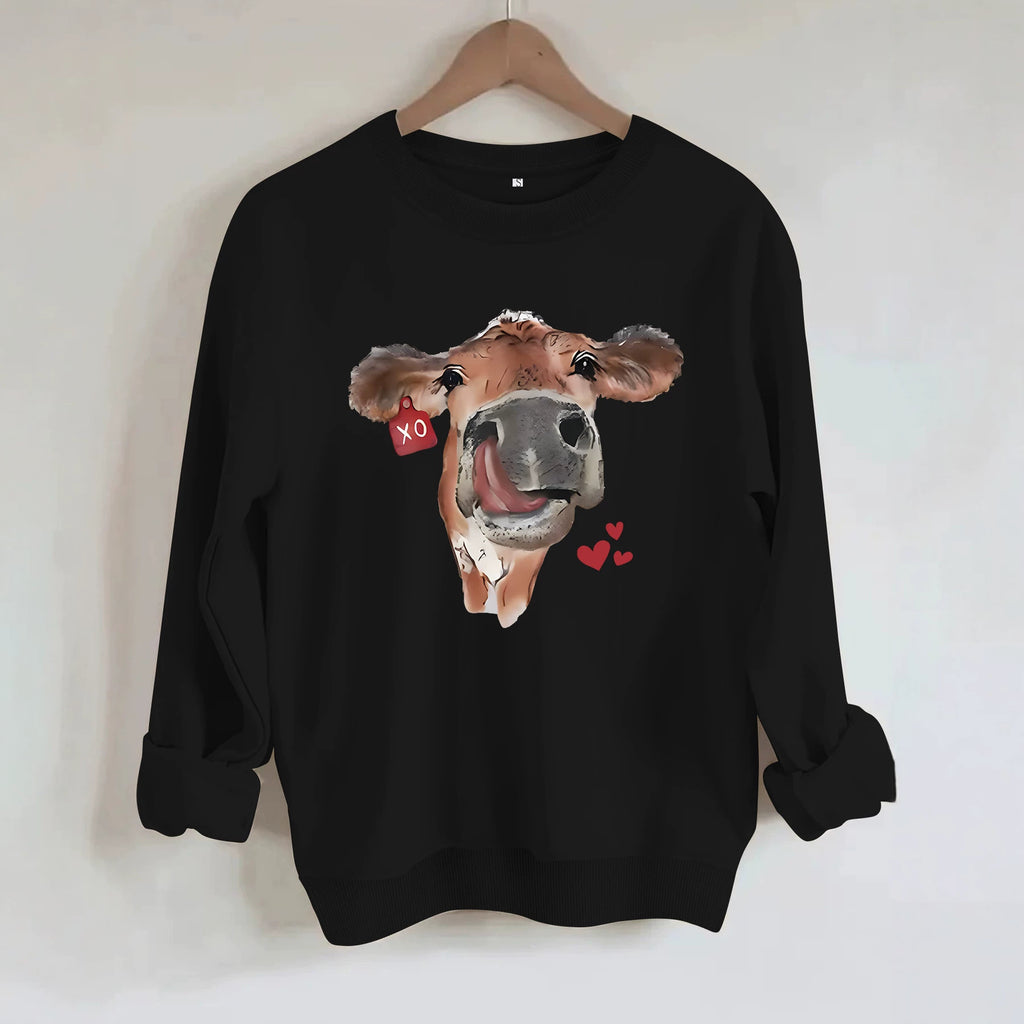 Cow and Love Printed Round Neck Velvet Hoodie
