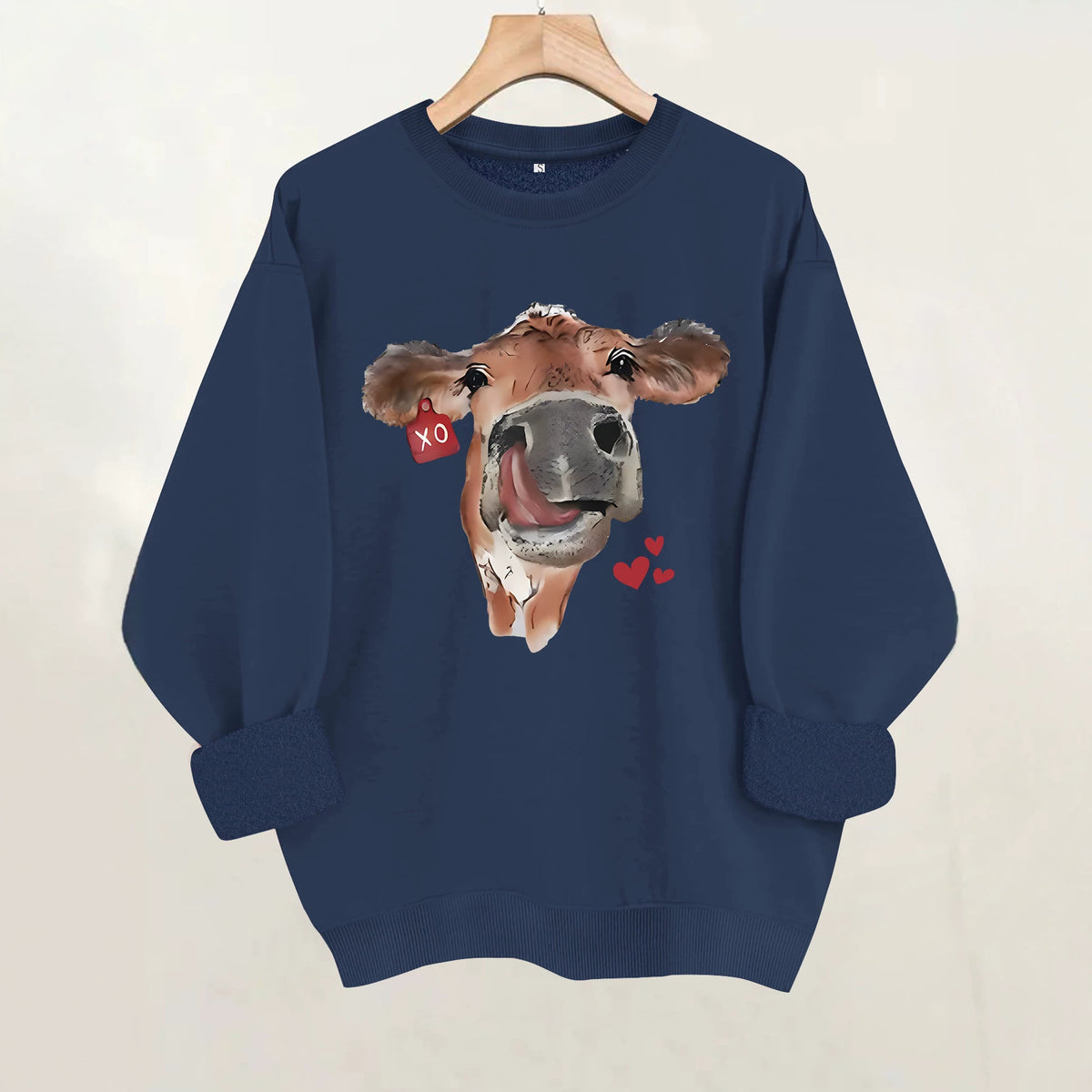Cow and Love Printed Round Neck Velvet Hoodie