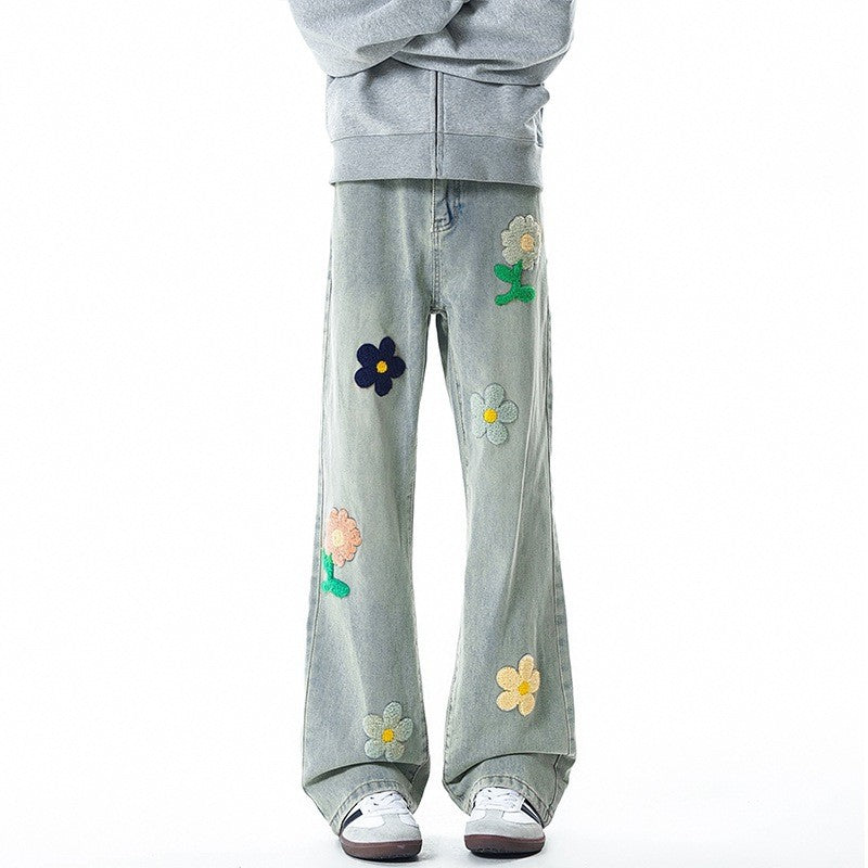 Floral Embroidered Denim Pants for Men