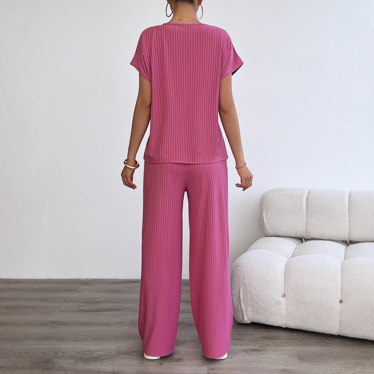 Women's Chiffon Pleated Two-Piece Set – Ribbed Casual Loungewear