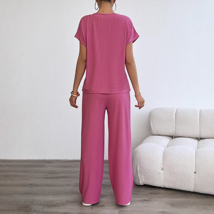 Women's Chiffon Pleated Two-Piece Set – Ribbed Casual Loungewear