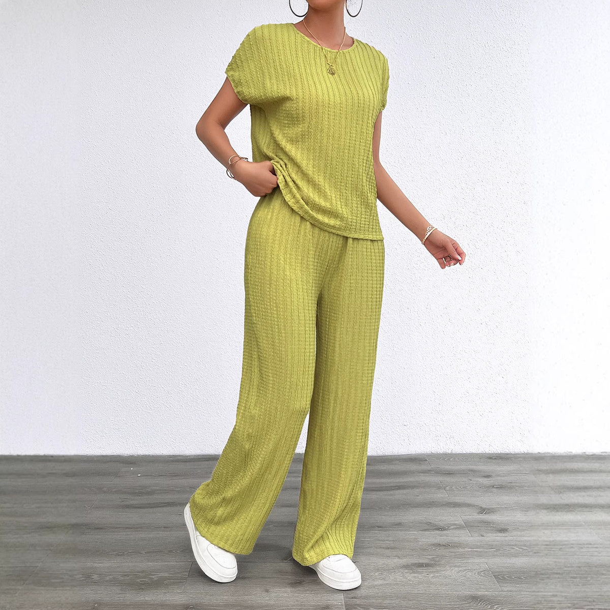 Women's Chiffon Pleated Two-Piece Set – Ribbed Casual Loungewear