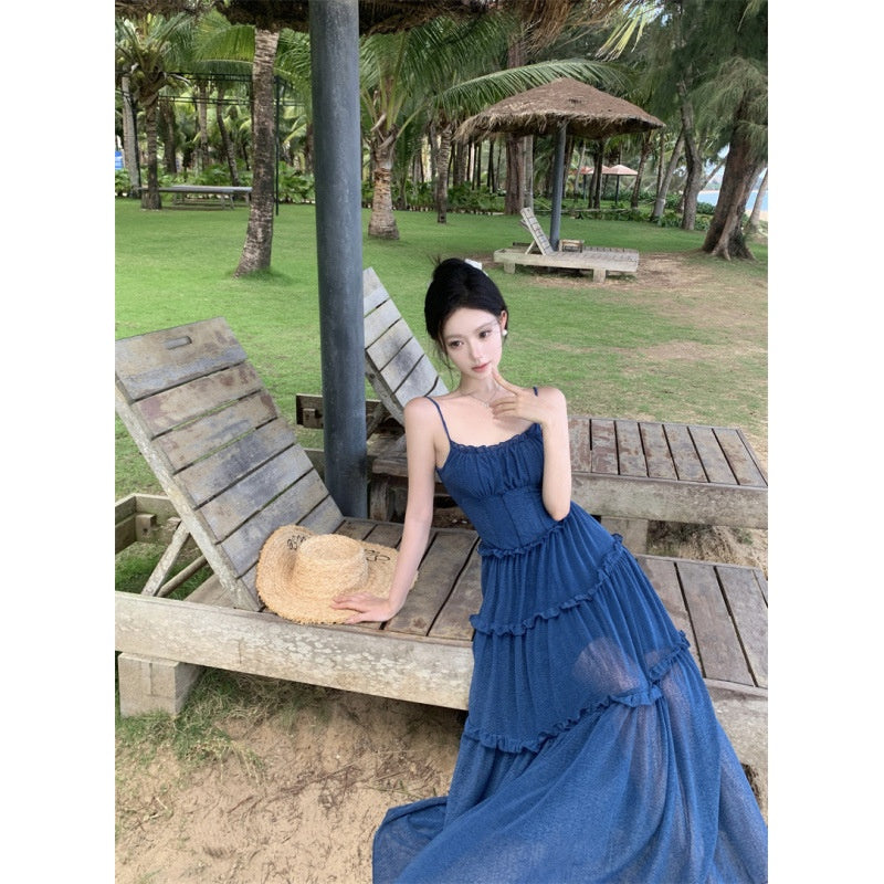 Dress with Nice Blue Color Enhances Skin Tone, Pleated Lace Hem Heavy Workmanship Strapless Long Dress