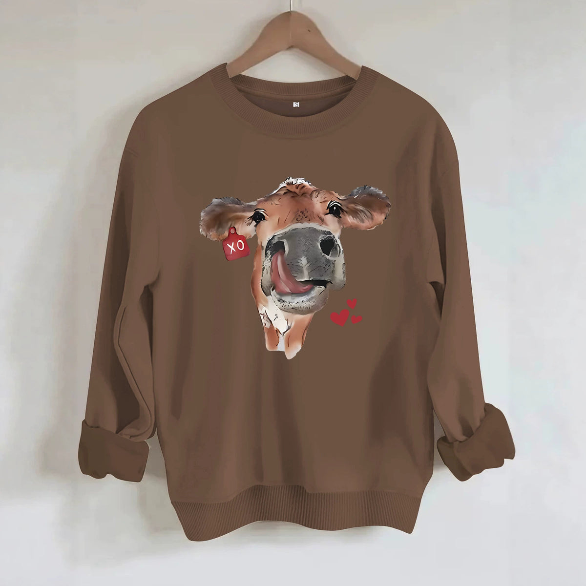 Cow and Love Printed Round Neck Velvet Hoodie
