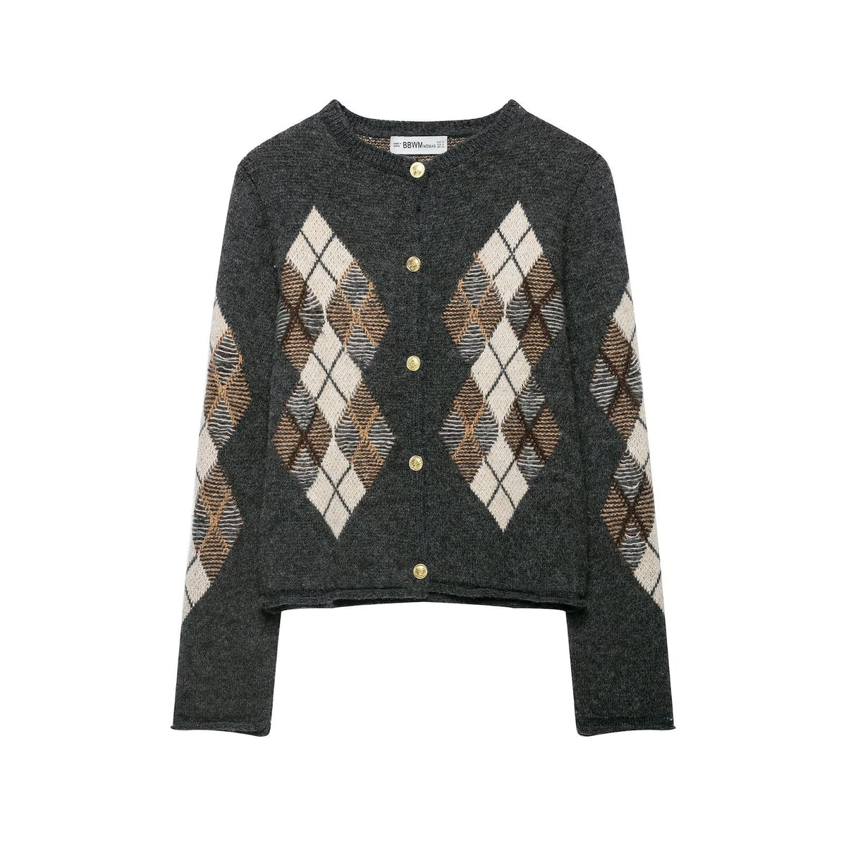 Diamond patterned decorative long sleeved round neck knitted sweater for women