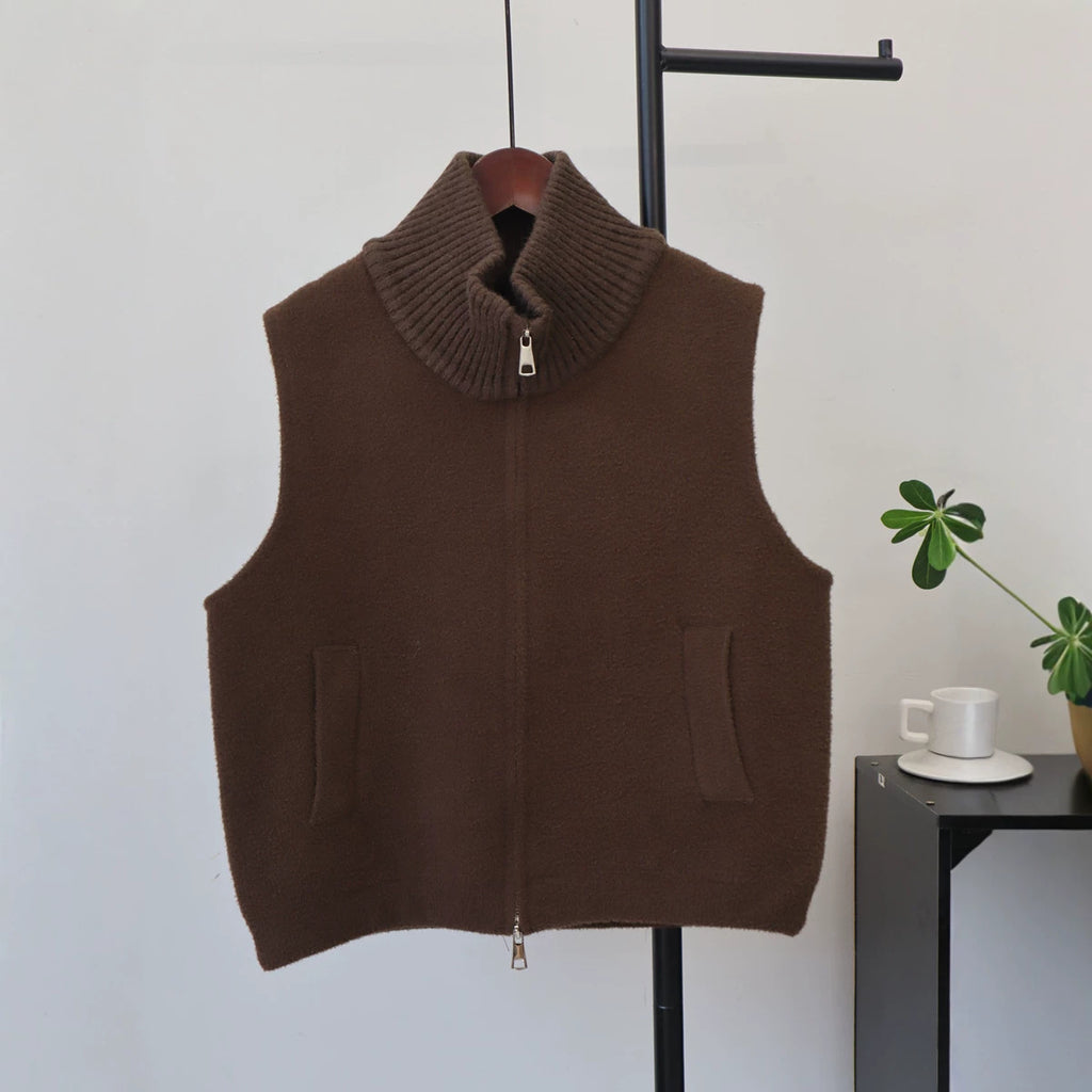 Stand up collar double zipper solid color vest