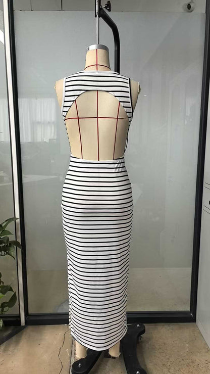 Women's Striped Ribbed Maxi Dress – Knit Side Slit Vacation Dress