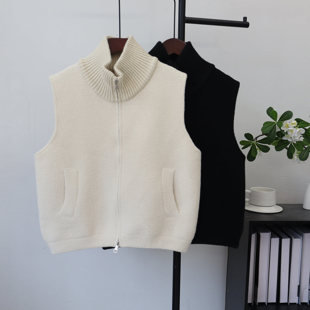 Stand up collar double zipper solid color vest