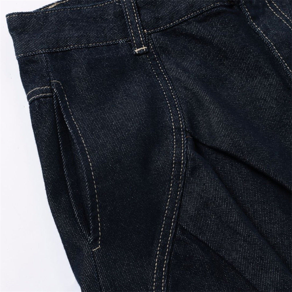 Men's High Street Wide Leg Raw Denim Jeans Solid Color Loose Fit Pleated Trousers with Pockets