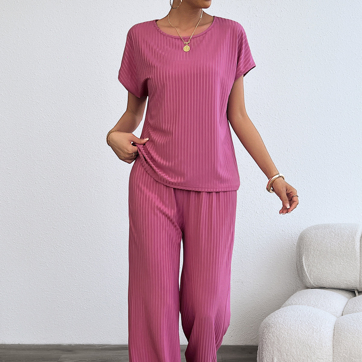 Women's Chiffon Pleated Two-Piece Set – Ribbed Casual Loungewear
