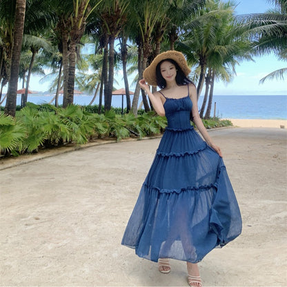 Dress with Nice Blue Color Enhances Skin Tone, Pleated Lace Hem Heavy Workmanship Strapless Long Dress