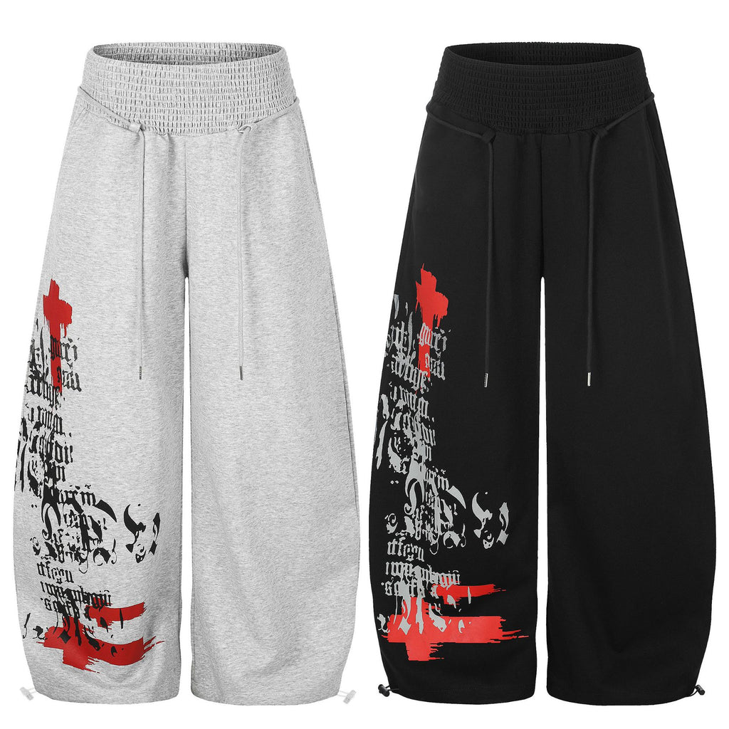 Print Wide-Leg Sweatpants, High Waist Drawstring Cuffable Unisex Long Pants