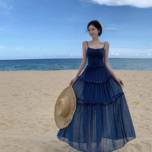 Dress with Nice Blue Color Enhances Skin Tone, Pleated Lace Hem Heavy Workmanship Strapless Long Dress