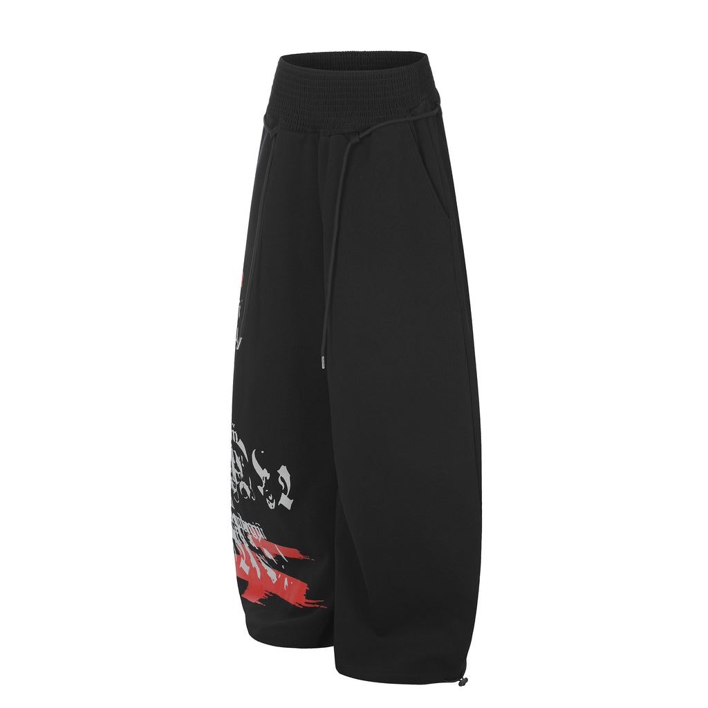 Print Wide-Leg Sweatpants, High Waist Drawstring Cuffable Unisex Long Pants