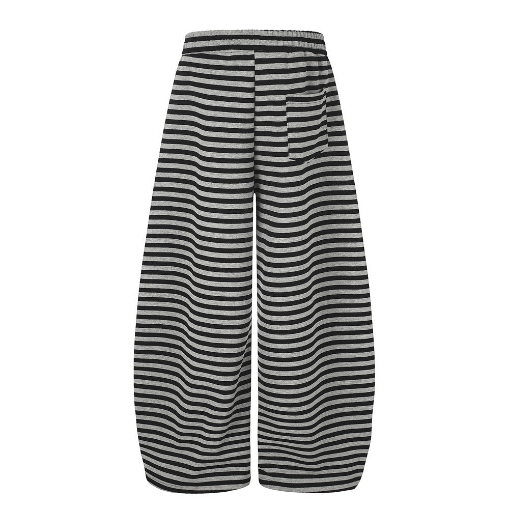 Men's Streetwear Stripe Wide-Leg Parachute Pants Casual Dark Portrait Patch Spliced Loose Trousers