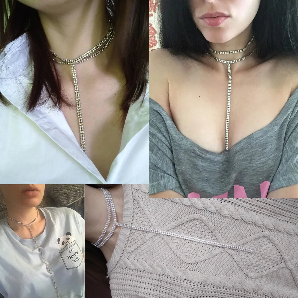Rhinestone Double Choker Necklace – Lariat Chain Pendant Jewellery