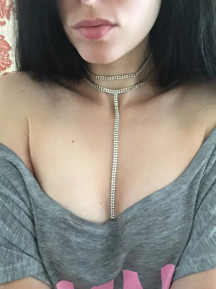 Rhinestone Double Choker Necklace – Lariat Chain Pendant Jewellery